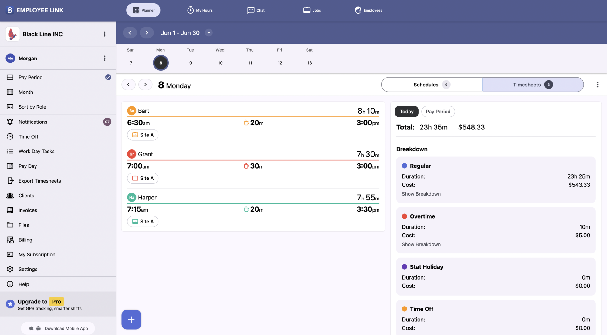 Construction crew timesheet planner showing hours, labor cost, and overtime by job site.